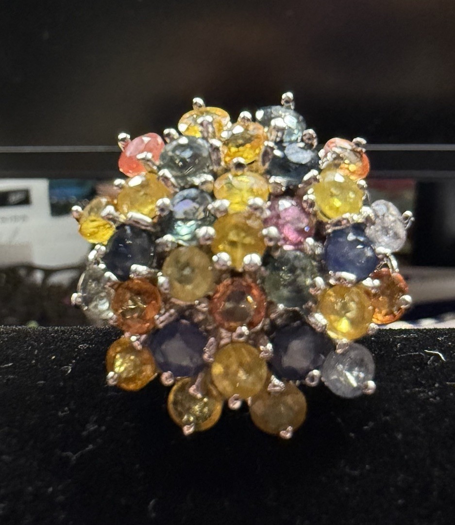 Large Ruby & Sapphire Cluster Ring Sterling Silve… - image 8