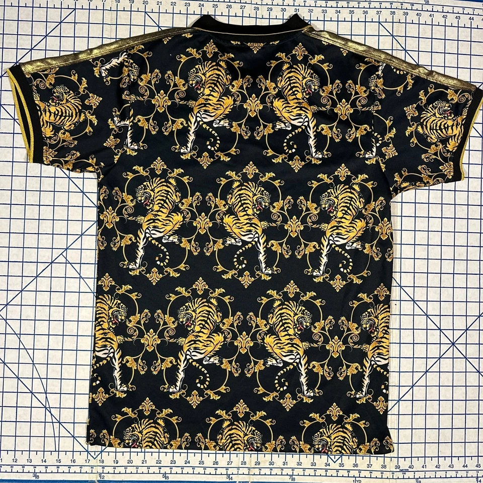 Gold Black Tiger Polo Shirt Flashy Funny Crazy Whacky Designer Dupe Size Large - Image 3 of 4