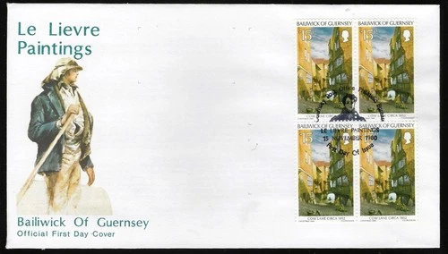 1¢ WONDER'S ~ LE LIEVRE PAINTINGS CACHET GUERNSEY FDC BLK4 1980 COW LANE ~ F31
