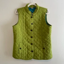 J Jill Size L Petite Green Quilted Vest Sleeveless Button Up Lightweight