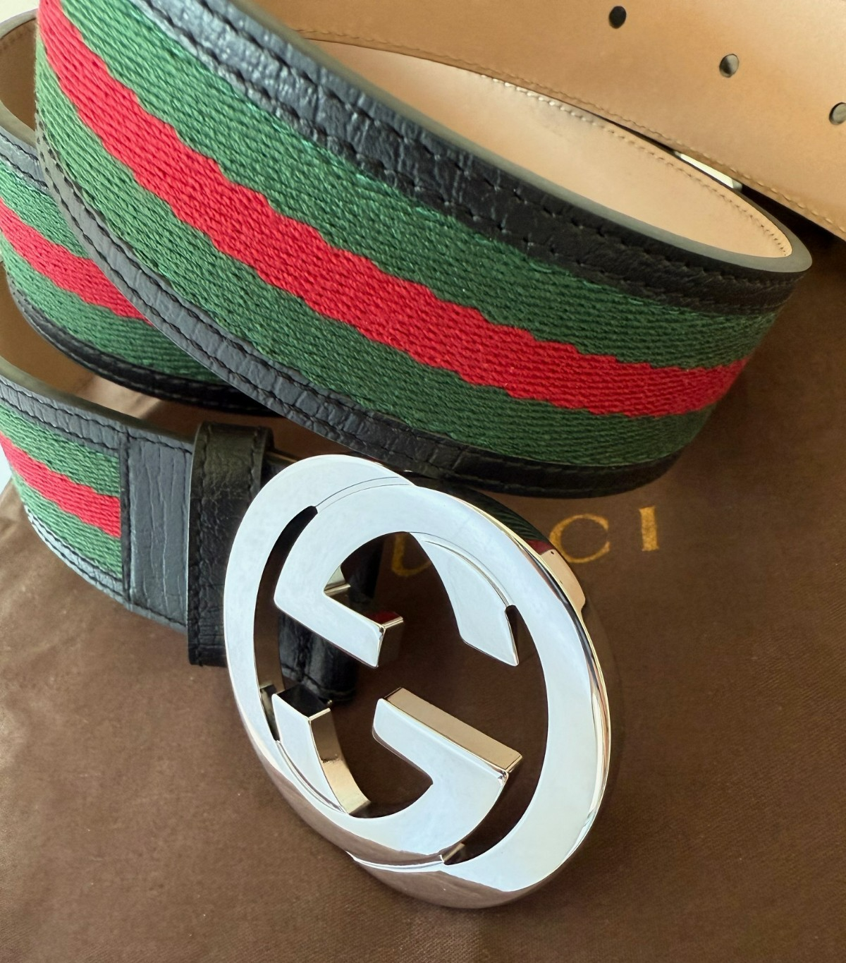 Gucci GG Silver Buckle Belt in Black Green Red Canvas Size 110cm 34W