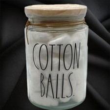 Rae Dunn COTTON BALLS Glass Cosmetic Beauty Jar Container Sealed Wooden Lid New