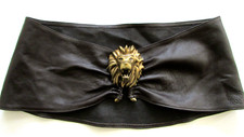 Vintage 80's Statement Bronze Lion Brown Leather Obi Belt 29"