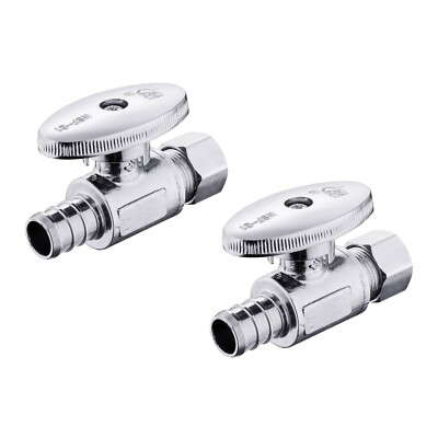 2 PCS 1/4 Turn Straight Stop Valve 3/8'' OD Compression X 1/2'' PEX Chrome Plated 