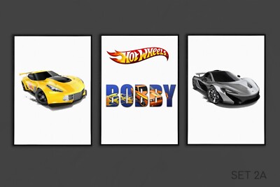 3er Set individuelle Hot Wheels Wandbilder - personalisierter Namensdruck, Optionen zur Auswahl