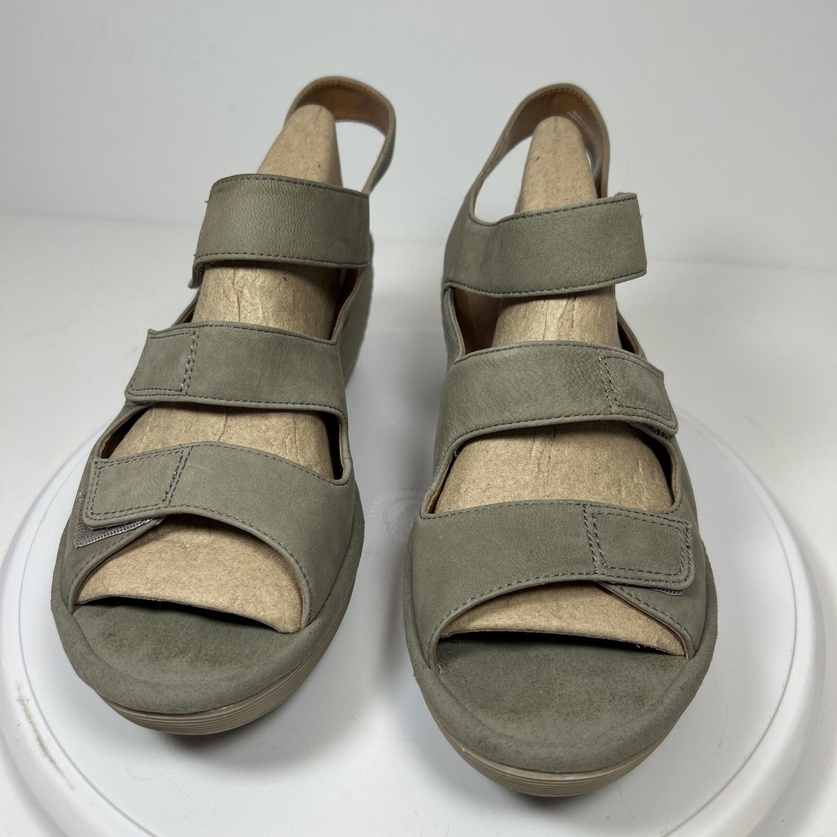 Clarks Womens Sandals Reedly Juno Leather Wedge Triple Strap Taupe