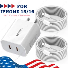 40W Dual USB C Fast Charger Cable Block Type-C For iPhone 15 Plus 16 Pro Android