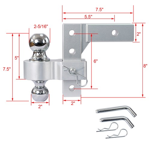 2'' receiver 6'' Drop/Rise Adjustable Trailer Tow Hitch Dual Ball 2 Pins 6000lb - Picture 7 of 11