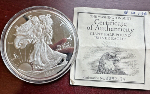 1994 Washington Mint Giant Half Pound Silver Eagle .999 Silver w/COA - Afbeelding 1 van 6