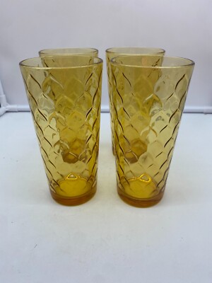 4 Vintage Anchor Hocking Honeycomb Amber Gold Drinking Glass Tumblers   E15