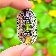 Natural Amethyst, Peridot Gemstone Handmade 925 Sterling Silver Ring Gift N859