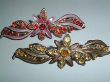 Vintage Pair Yellow n Red Rhinestone n Enamel Floral Hair Barrettes
