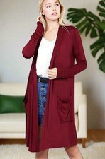 Active USA Longline Cardigan Open Front Duster Two Pockets Womens L Red
