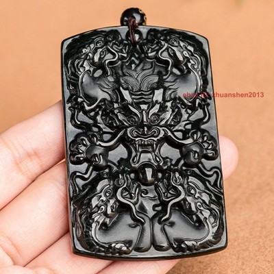 2.6'' Certified Black Burma Natural A Jade jadeite Dragon Lucky Pendant Necklace