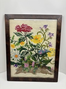 Vintage Framed Floral Needlepoint Flowers Garden Flowers
