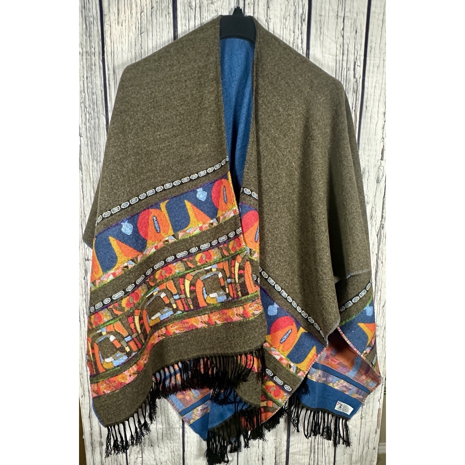 Reversible Woven Tassel Wrap Soft Cloak Cape Shawl Ponch One Size Made in France image 3