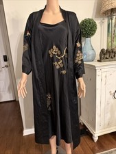 Natori Midi Kimono Robe / Slip Dress Nightgown Set Small Black Embroidered NWT