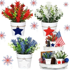 3 Set 4th of July Small Fake Plants Memorial Day Mini Artificial Potted Plants T