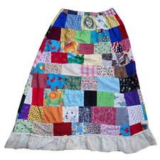 VTG Handmade Multicolor Patchwork Maxi Skirt Medium High Waist Ruffled Hem Lined