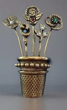 Unsigned Jeanne Schraher Brooch GoldTone Rhinestones Half Thimble Stick Pins N24