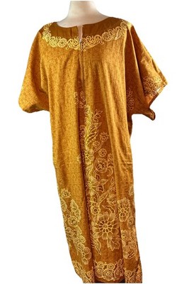 E.C. Batik 100% Cotton Golden W/ Floral  Caftan Dress Thailand 2XL -3XL See Flaw