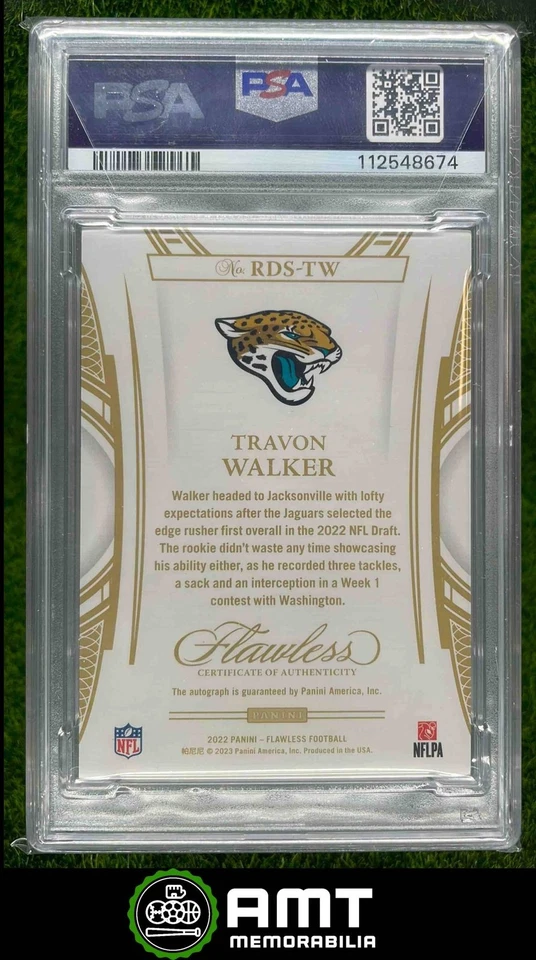8674 2022 Panini Flawless Travon Walker RC Debut Auto Silver 14/15 Jaguars PSA 9 - Image 2 of 3
