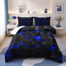 Blue Black Comforter Set,Light Honeycomb 3 Piece Bedding Set Queen Size