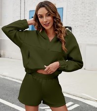 Womens 2 Piece Sweatsuit Outfits Half Zip Hoodie Sweat Shorts Pockets Luge Green