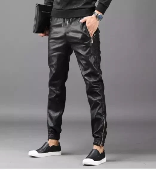 Men's Real Black Lambskin Leather Sweatpants Jogging Workout Pants Casual
