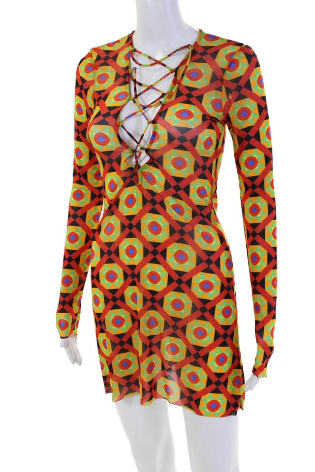 Weworewhat Womens Sheer Laced Neck Geometric Print Mini Dress Multicolor Size S - Image 2 of 4