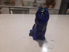 Vintage Mosser Cobalt Blue Glass 3” Tall Collie Dog Figurine.