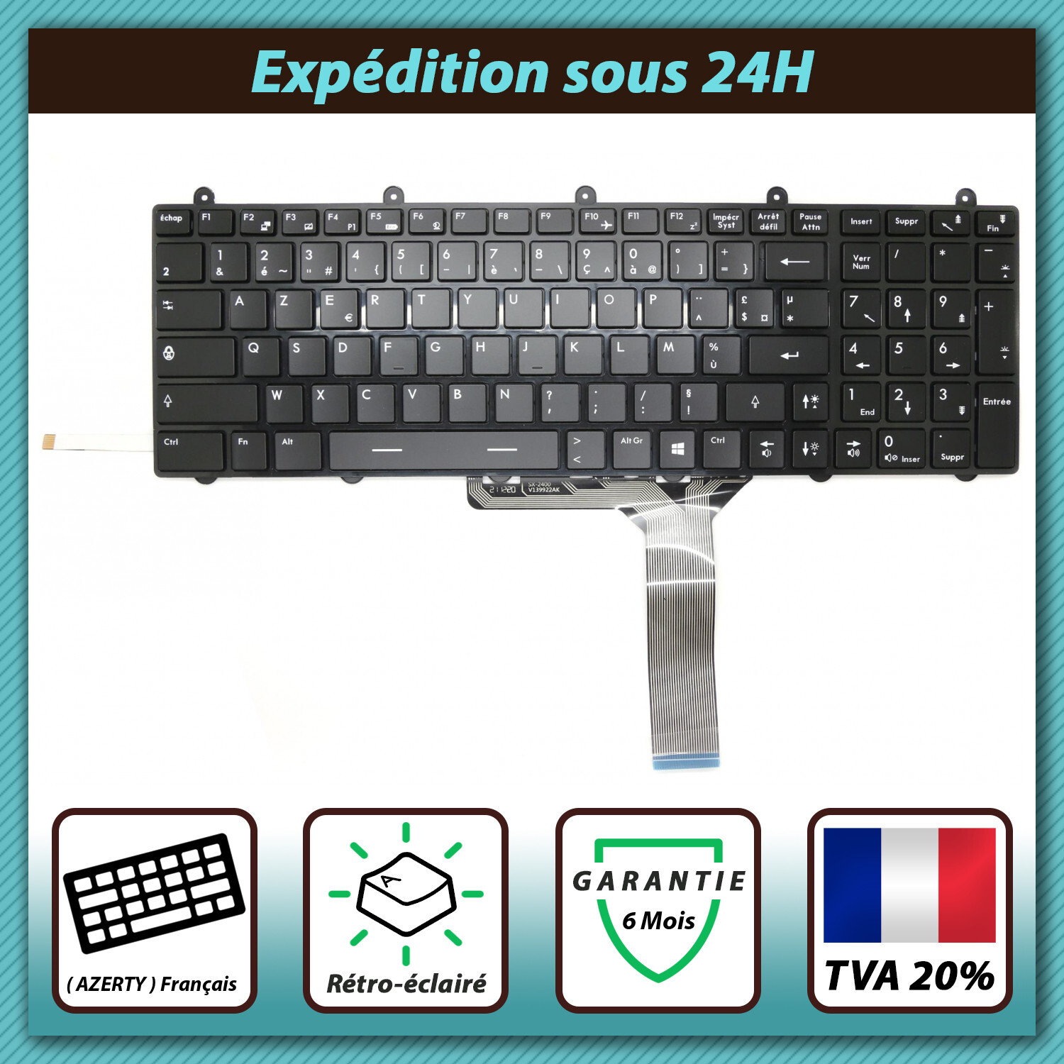 Clavier AZERTY MSI GT70 GT783 Lumineux V139922AK1 Touches Noires Confort Frappe