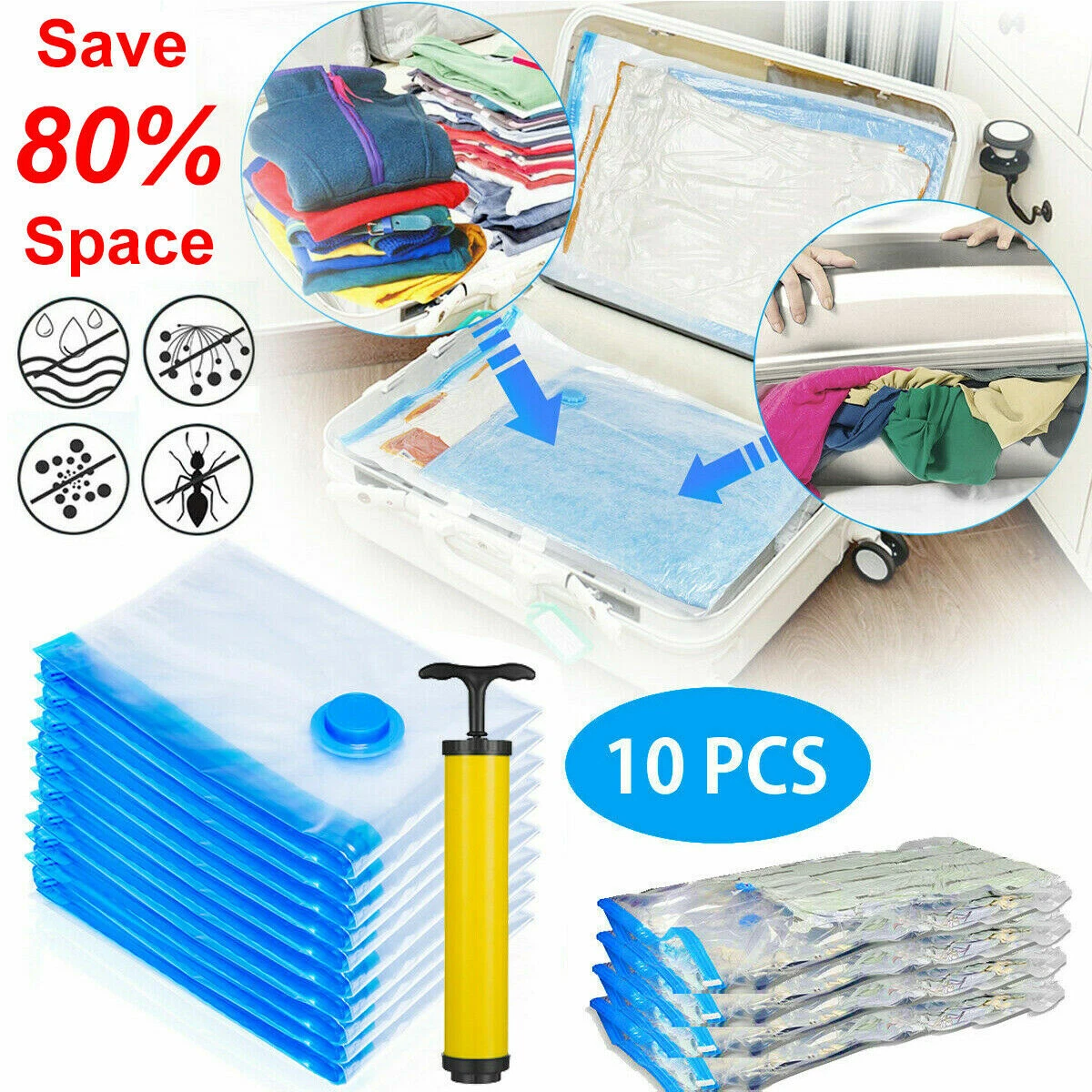 10 x Jumbo Vacuum Storage Bags Travel Space Saver Garment Seal Clothes Hand Pump, Size: XL