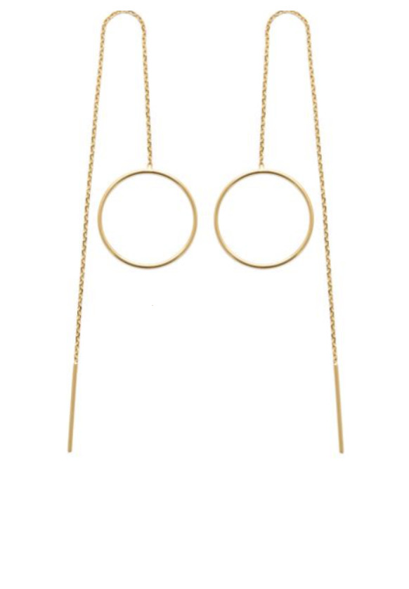 Boucles d'oreilles chaîne traversante en or 18k pour femme avec pendant cercle minimaliste