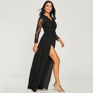 AU Womens Long Black Lace Dress Prom 