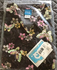H.Q. Brand Nurse Scrubs Top. New Size L Brown Pastel Flowers Butterfly Pattern 