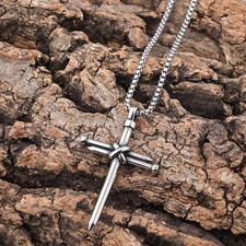 Silver 316L Stainless Steel Nail Cross Necklace with 24 inch rounded box chain