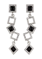 CLIP ON EARRINGS - silver with clear crystal squares and black stones - Braith