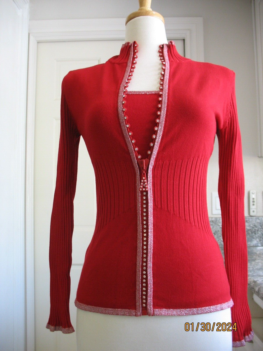 BELLDINI RIB KNIT RED RHINESTONE ZIPPER METALLIC TWIN SET SWEATER