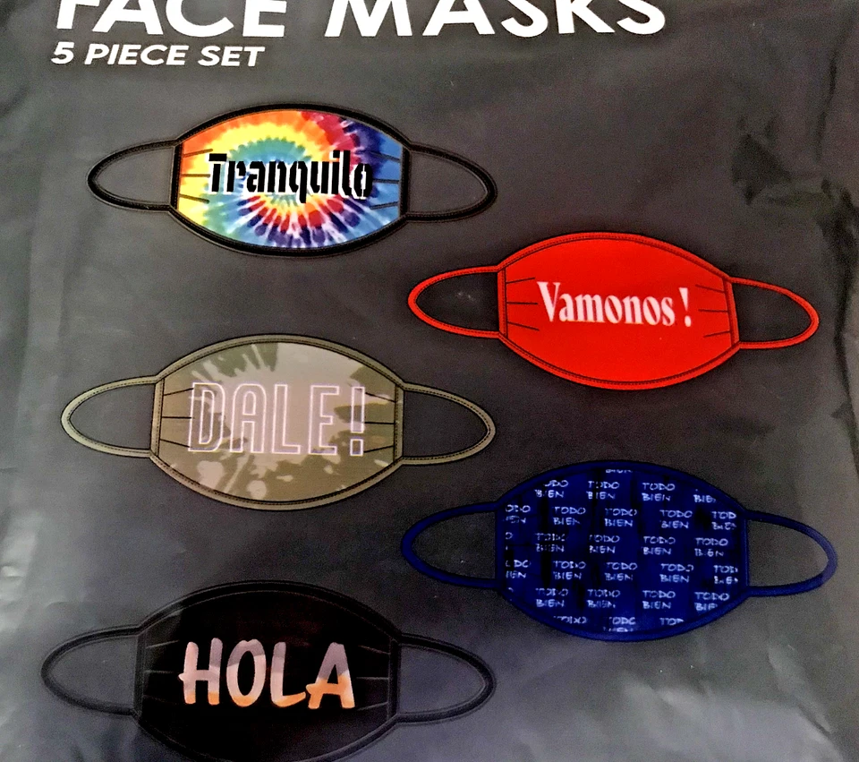 FACE COVER MASK WOMEN MEN SPANISH WORDS ONE SIZE FITS MOST WASHABLE 5 PACK - Image 3 of 4