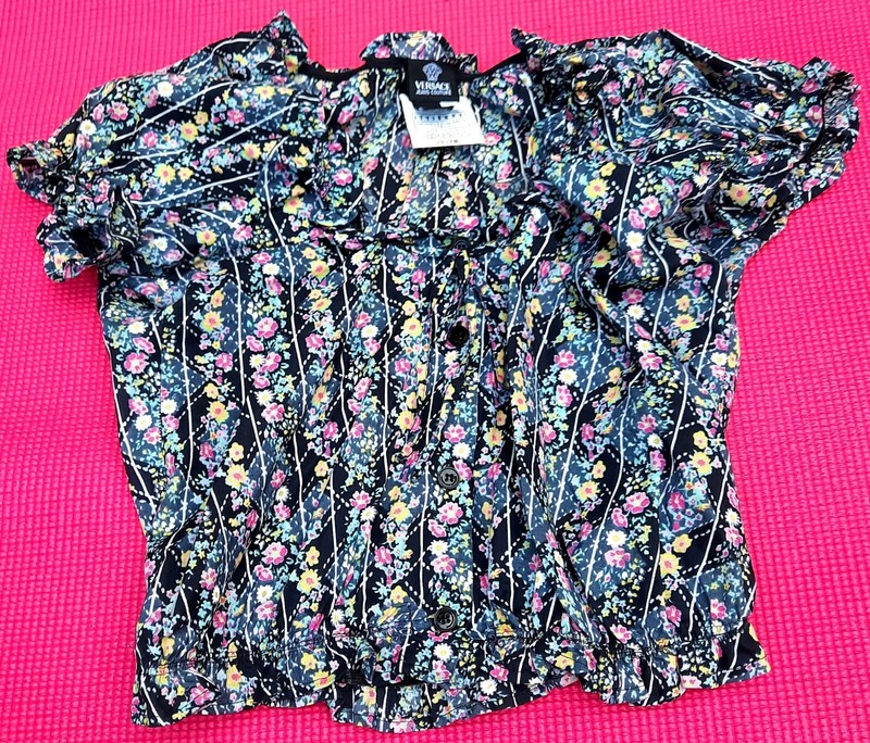 VINTAGE VERSACE JEANS PEASANT MIDRIFF BLACK FLORAL TOP FROM 2004 MADE IN ITALY