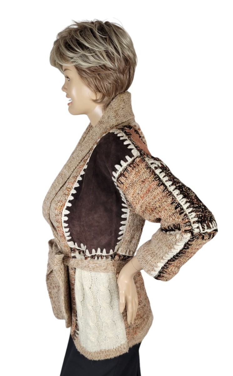 Vtg 70s Kennington Patchwork Cable Knit & Leather Boho