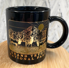 Vtg Grand Teton National Park Coffee Mug Black with Gold Image Elks/Mountain