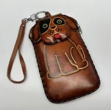 Handmade Leather Dog Wristlet Coin Purse Keychain Zip Pouch Wallet Bag Cute Gift