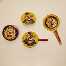 Lot of 4 Vintage Tin Litho Clown Party Noise Makers Kirchhof US Metal Toy Mfg Co