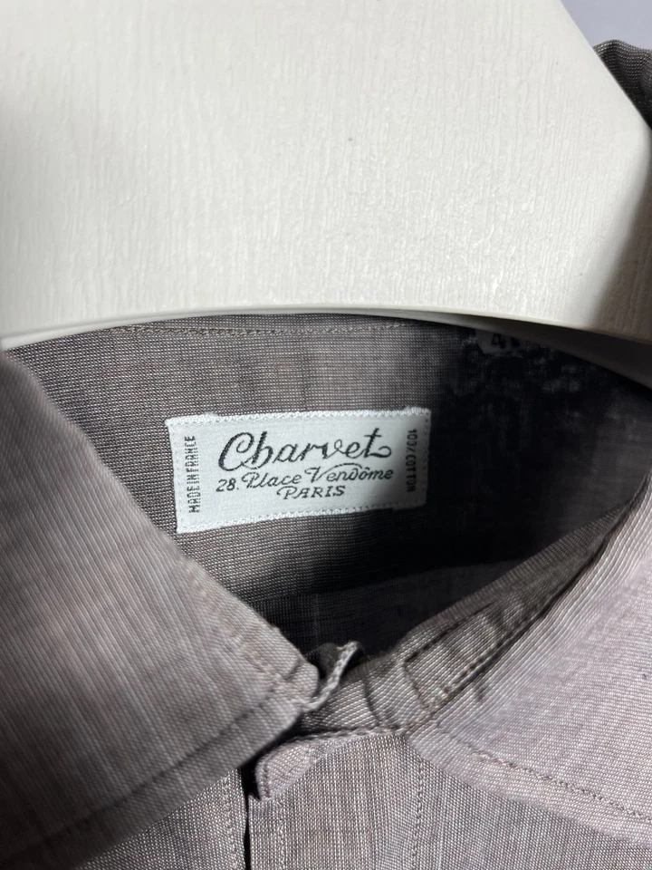 Camicia elegante vintage uomo Charvet in cotone tinta unita marrone Francia... - Immagine 3 di 4