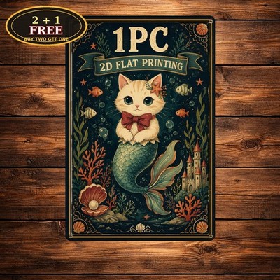 Cute Mermaid Cat Aesthetic Mythical Ocean Kitten Pet Metal Sign 8x12