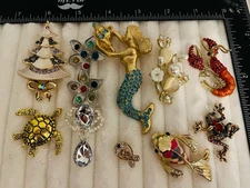 Lot of 11 Ocean Brooch Pins – Turtle, Lobster, Frog, Christmas Tree Mixed