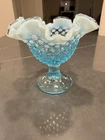 Fenton Blue Hobnail Ruffled Edge Footed Compote Candy Dish Bowl Vintage Glass
