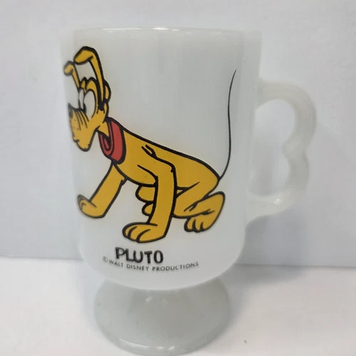 PLUTO Walt Disney Productions Milk Glass Footed Pedestal Mug Coffee Tea Cup VTG